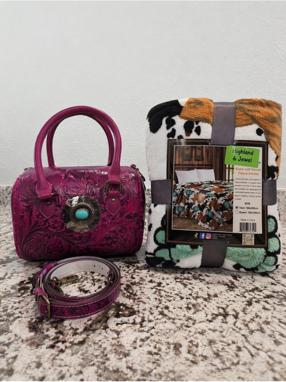 Fuchsia Tooled Leather Satchel with Turquoise Accent